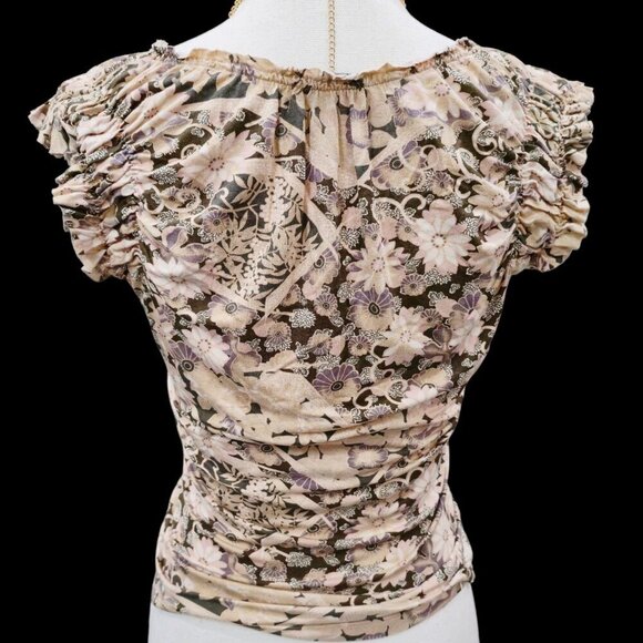 Bebe ✦ Floral Ruched Blouse ✦ Sweetheart Neck Cap Sleeve Top S EUC - Picture 5 of 13